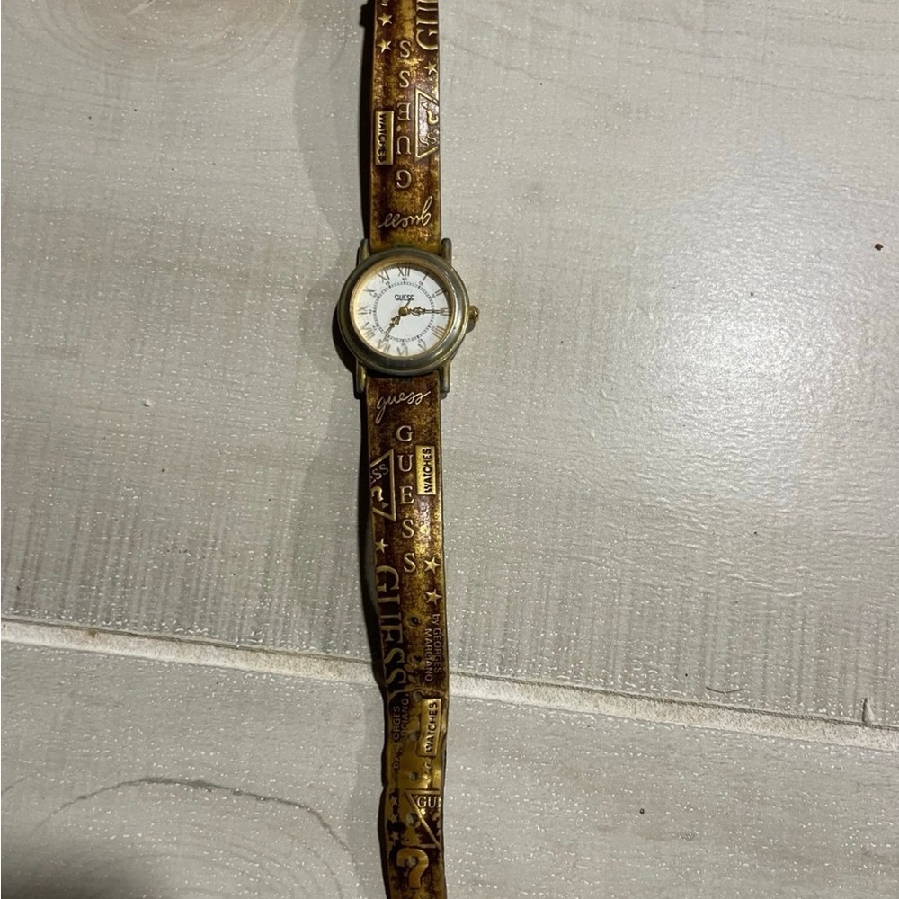 Vintage Y2K Guess embossed Gold and Brown Leather Watch